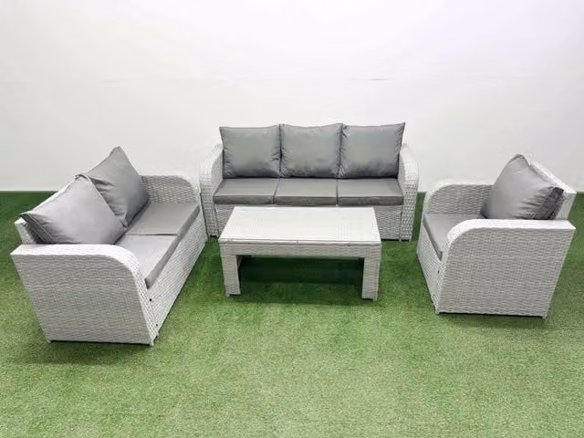 Fimous Patio 6 Seater Outdoor Rattan Furniture Set in Light Grey with Oblong Coffee Table, Reclining Chair, Loveseat and 3 Seater Sofa