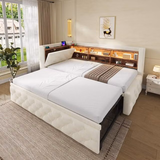 BTM Single Velvet Pull-Out Daybed with LED Lighting, USB Charging Port and Bedside Shelf in Beige, W/D/H: 90 x 190 x 84 cm – 1