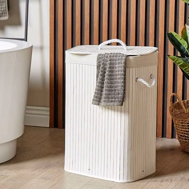 Wyld and Coco Boho Bamboo Storage Basket with Lid and Handles in White