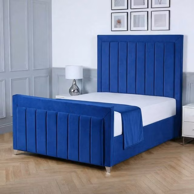 Living Comfort Bedz Elara Blue Velvet Upholstered Gas Lift Storage Bed with 48 Inch Headboard, Super King, 200 x 200 cm