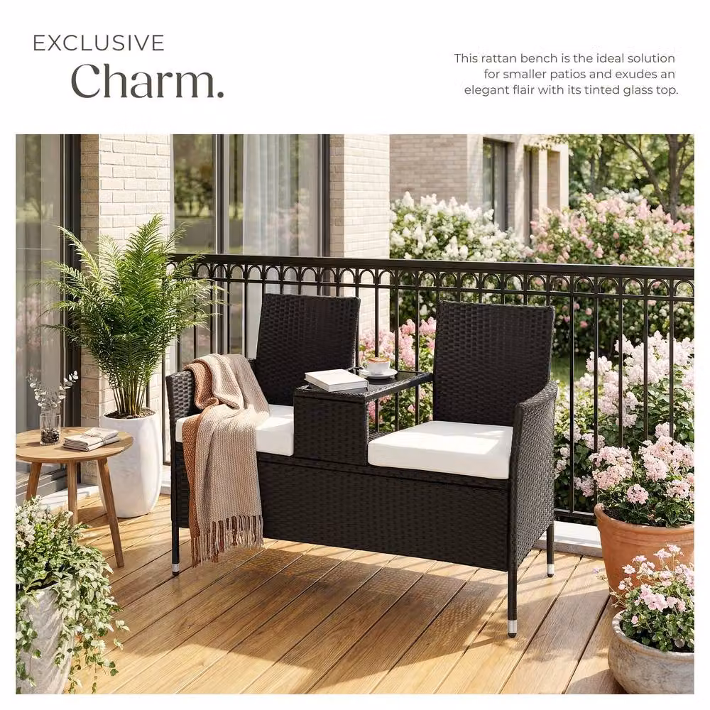tectake Outdoor Bench with Integrated Table and Cushions in Black and Beige, W/D/H: 133 x 63 x 84 cm – 10