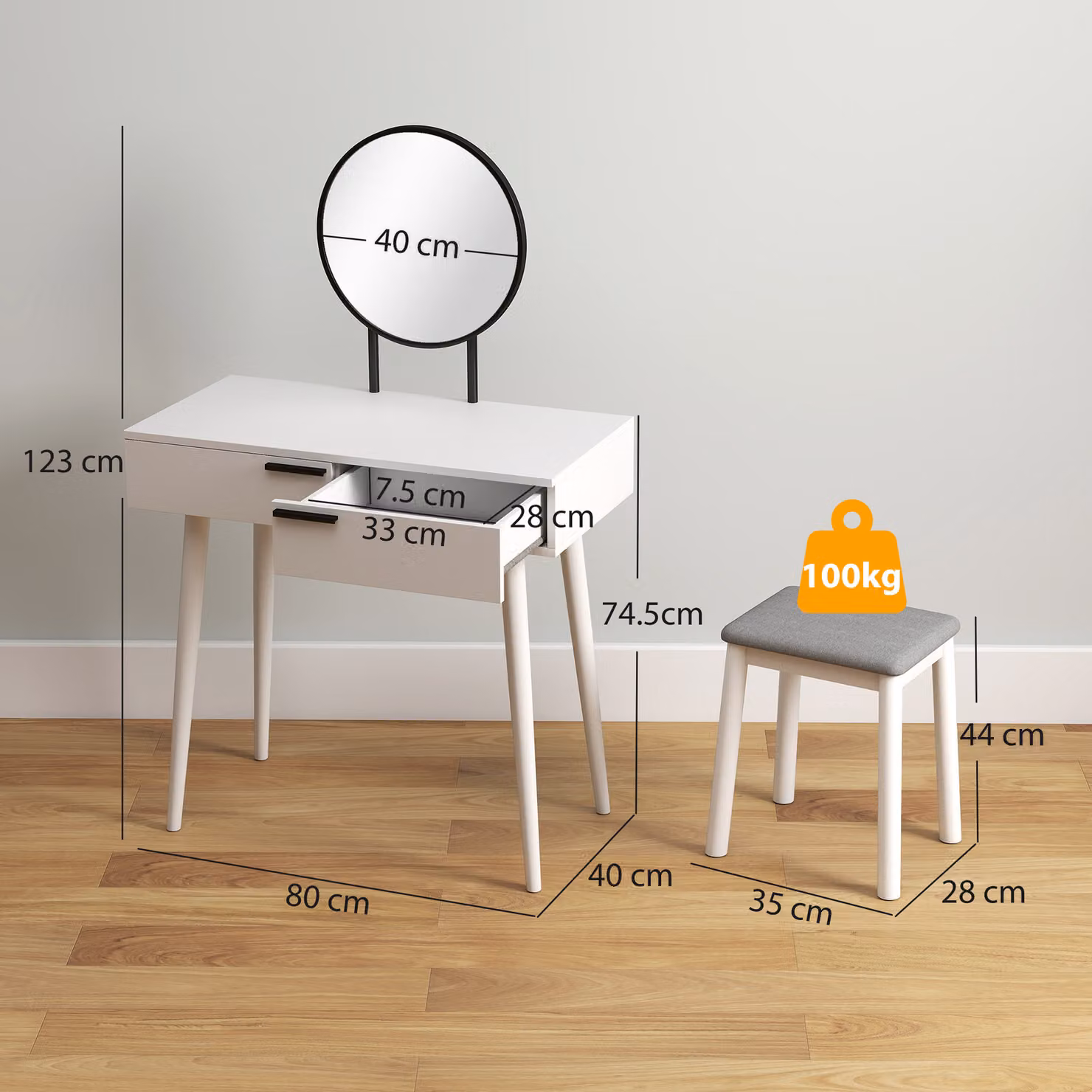 HOMCOM White Dressing Table Set with Round Mirror, Makeup Desk, Cushioned Stool and 2 Drawers – 3