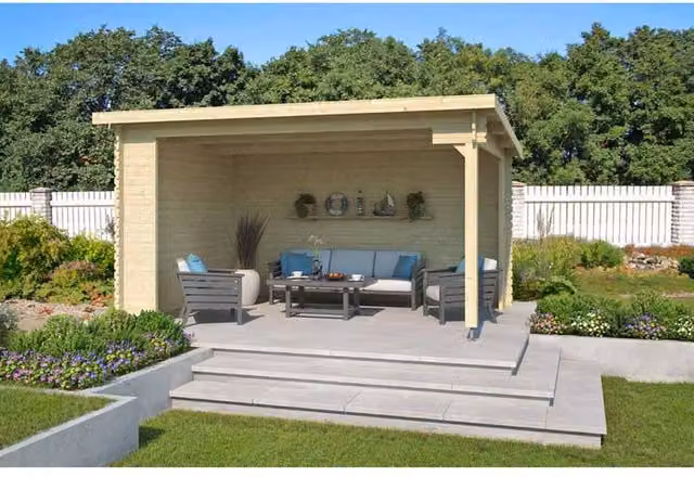 Lasita Maja Ltd Columbus Log Cabin Garden Room and Home Office in Beige, W: 349 cm, D: 435 cm, H: 245.1 cm