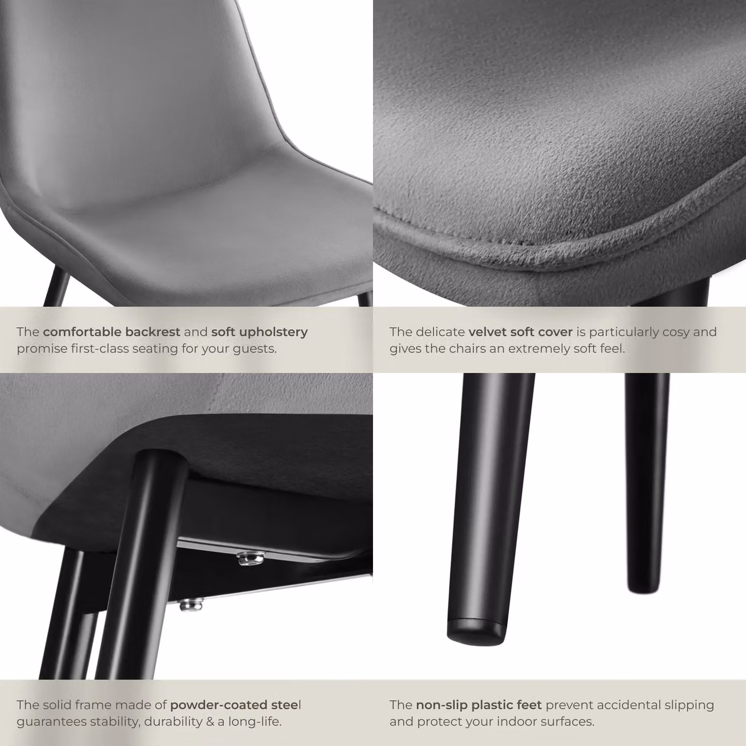 tectake Monroe Set of 4 Grey Velvet Upholstered Dining Chairs – 4
