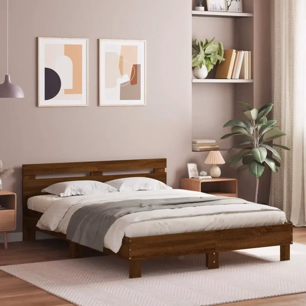 Berkfield Home Modern King Size Bed Frame in Brown Oak with LED Under-Bed Lighting and USB Charging Port, W: 150 cm, L: 200 cm – 3