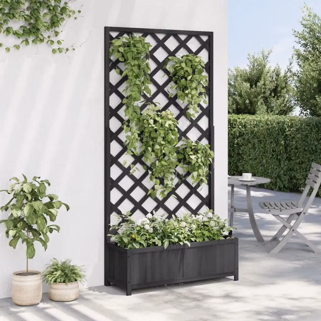Berkfield Home Black Solid Wood Fir Planter with Trellis – 3