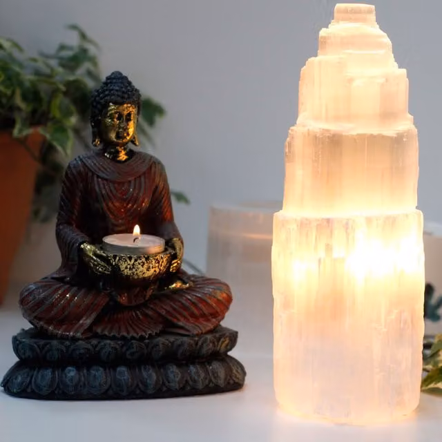KDMK White Natural Selenite Tower Tabletop Lamp