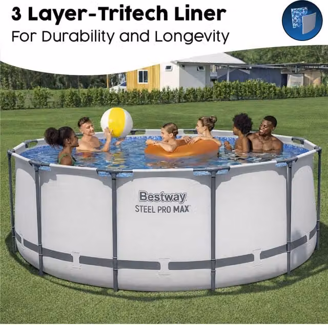 Bestway 12ft Round Steel Frame Above Ground Pool with Pump, Ladder, Cover and Repair Kit in Grey