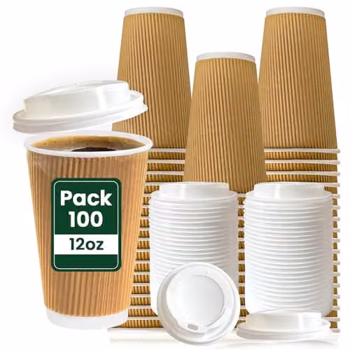 ECONX 100 Pack Disposable Brown Paper Coffee Cups with White Lids, 12oz – 1
