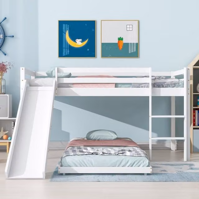 Aosom.UK White Wooden Childrens Bunk Bed Frame with Storage, Adjustable Slide and Ladder, L: 207 cm, W: 215 cm, H: 110 cm