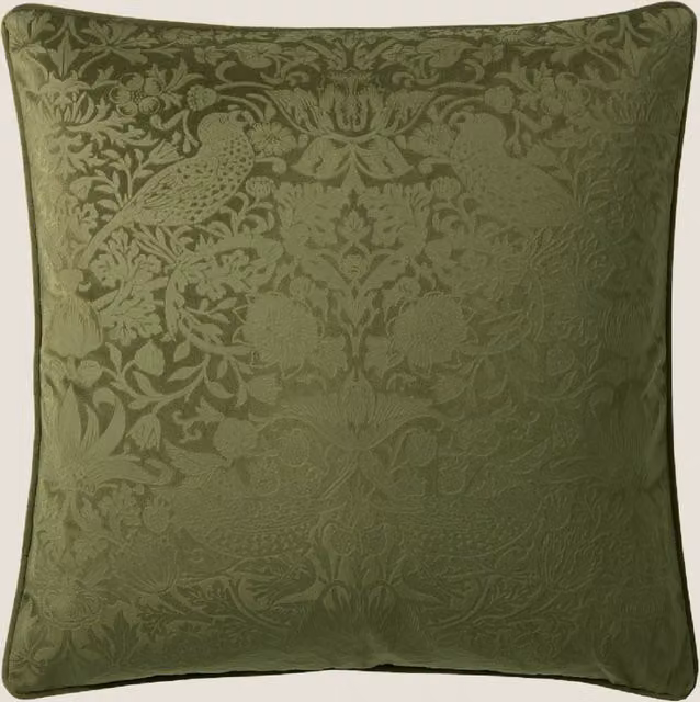 William Morris At Home Strawberry Thief Velvet Cushion in Dark Olive Green