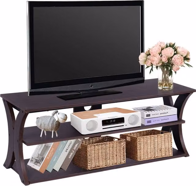 Costway 3-Tier Modern Media Console TV Stand with Storage Cabinet in Dark Brown – 1