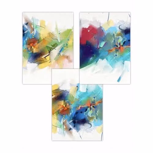 ARTZE Set of 3 Abstract Fractal Wall Art Paper Posters in Pink, Blue and Yellow, W: 50 cm x H: 70 cm – 2