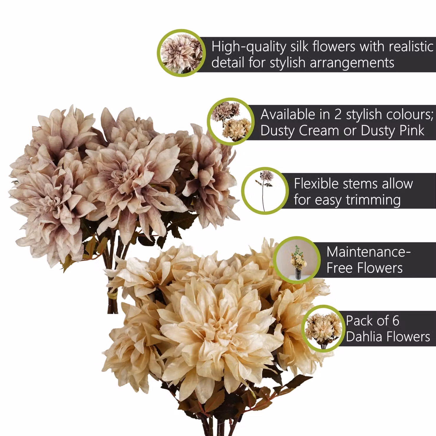Pegdev Pack of 6 Artificial Dahlia Flower Stems in Pink and Beige, 55 cm Height – 2