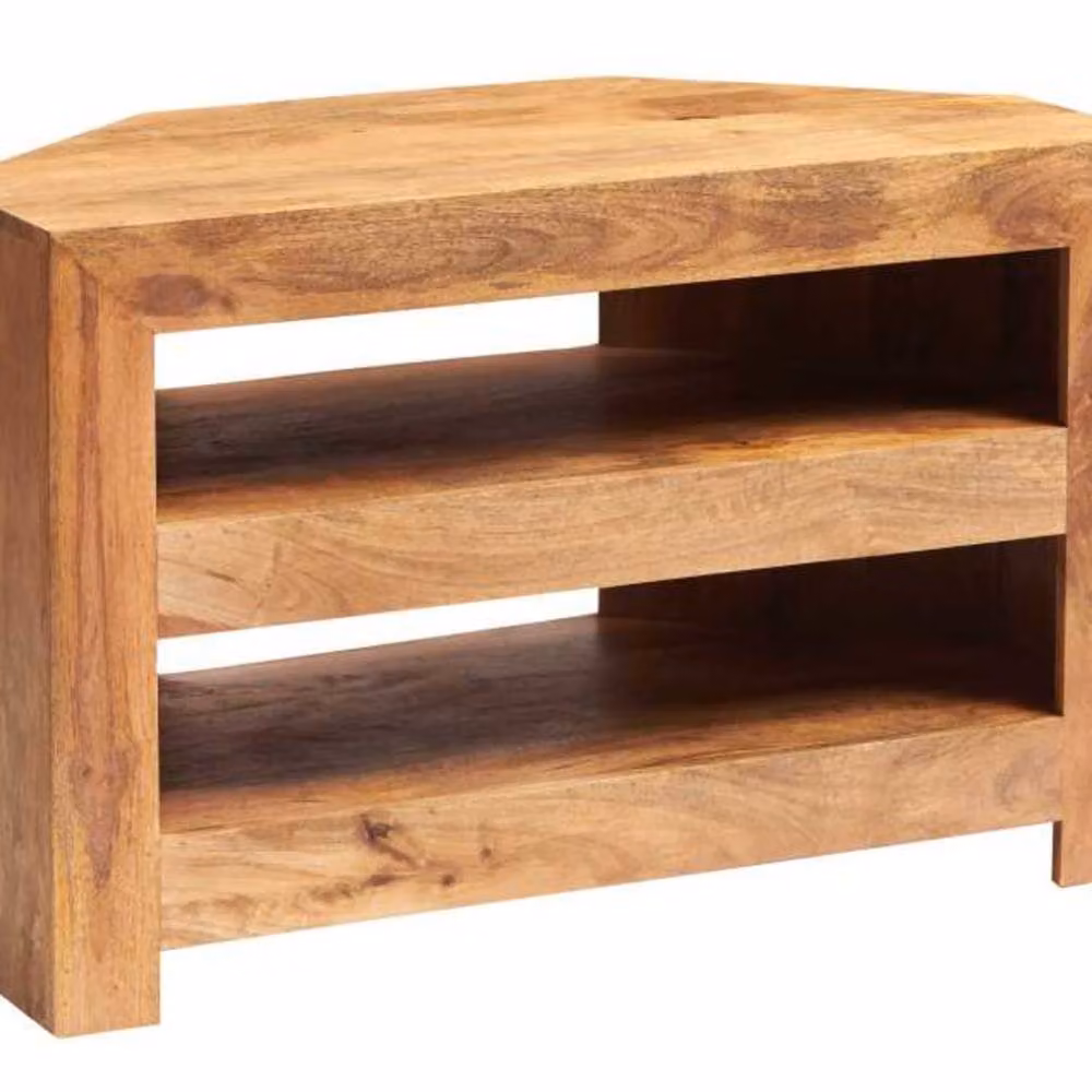 Wyld Haus Manila Corner TV Unit in Brown Light Mango Wood with Two Open Shelves W/D/H: 65 x 54 x 65 cm – 2