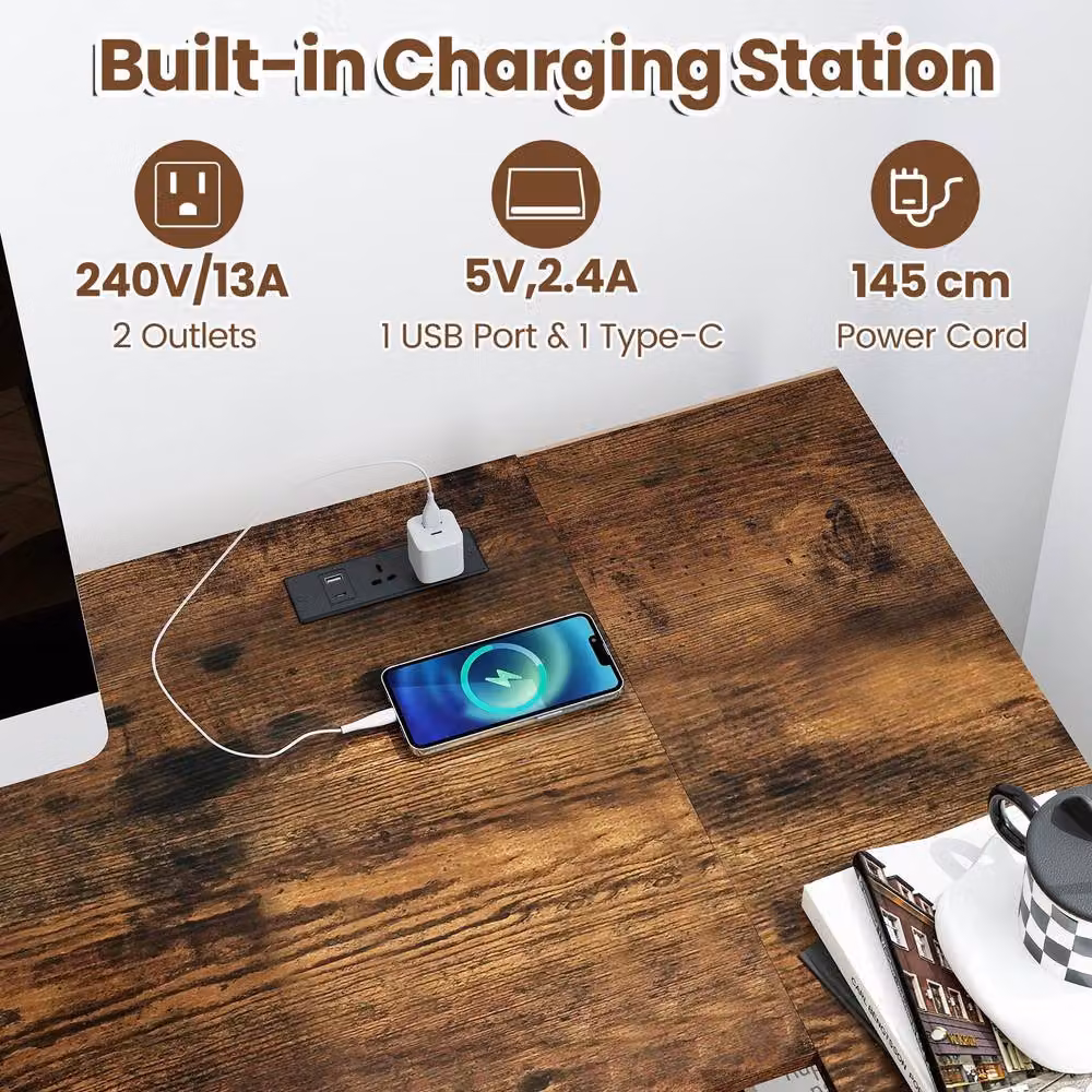Gymax L Shaped Corner Desk with Charging Station and Cable Management, Brown – 9