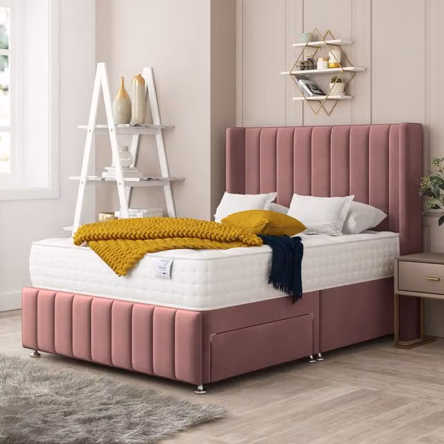 Bed Choices Brisbane Pink Velvet Upholstered Divan Bed with 2 Drawers, Mattress and 54 inch Headboard, W/D/H: 200 x 180 x 152.4 cm
