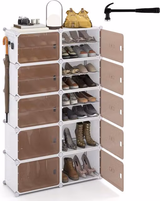 COSTWAY Modern White 10-Tier Freestanding Shoe Storage Cabinet with Transparent Glass Hinged Doors