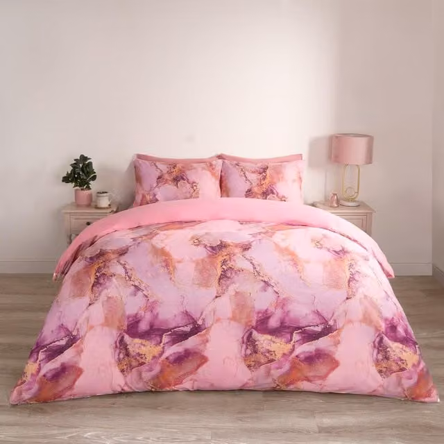 OHS Pink Marble Graphic Microfibre Polyester Duvet Cover Set, W: 140 cm, H: 200 cm