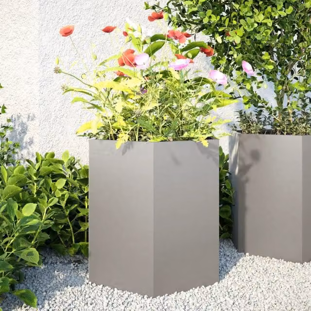 Berkfield Hexagon Stainless Steel Garden Planter Tub, 2 Pieces, Silver and Grey, W: 46 cm, D: 40 cm, H: 45 cm