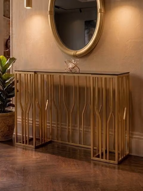 Orsina Contemporary Hexagonal Console Table in Black with Glass Top, W/D/H: 130 x 40 x 74 cm