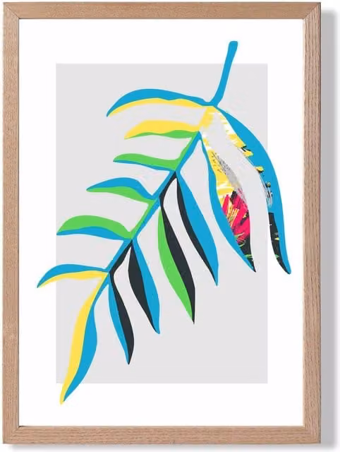 ARTZE Tropical Leaf Abstract Minimalist Framed Print in Blue and Green with Oak Frame, A3
