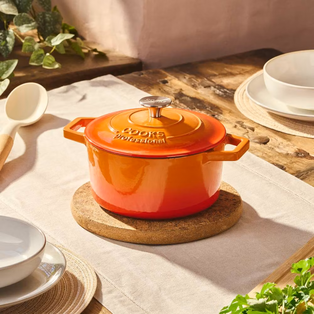 Cooks Professional Set of 3 Enamelled Cast Iron Casserole Dishes with Lids, Orange – 3