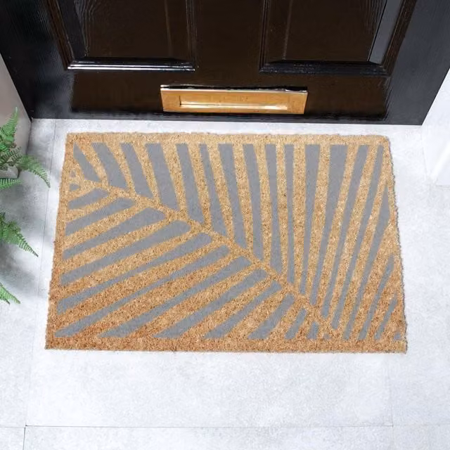Artsy Mats Grey Floral Palm Leaf Pattern Coir and Natural Rubber Doormat, W: 60 cm, D: 40 cm