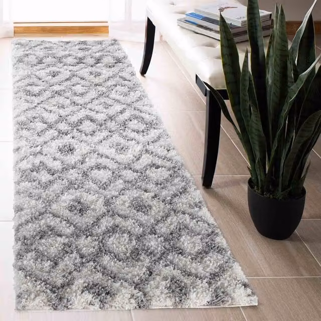 Desire Rugs Moroccan Berber Shaggy Runner, Ikat Design, Beige, White and Grey, W: 60 cm, L: 220 cm