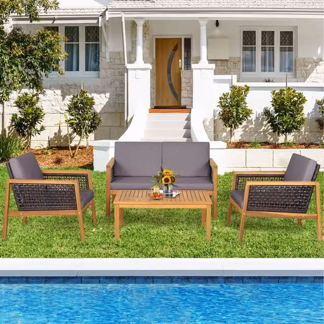 Costway 4-Piece Modern Grey Rattan and Acacia Wood Patio Furniture Set
