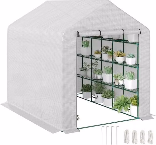 VOGREX White Walk-in Gable Garden Greenhouse with Shelving, H 210 cm x W 180 cm x D 180 cm