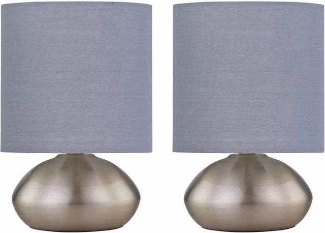 First Choice Lighting Jenson Set of 2 Brushed Chrome Touch Table Lamps with Grey Fabric Shades – 1