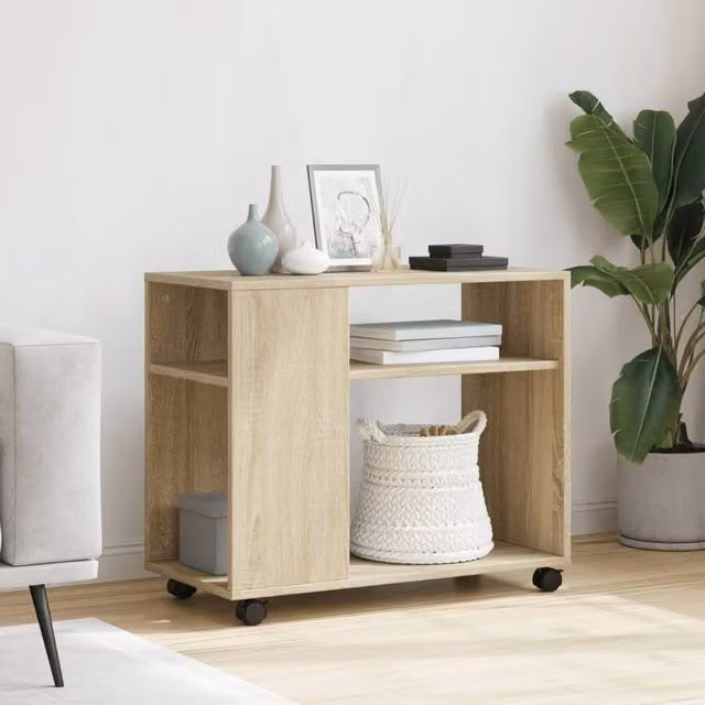 Berkfield Home Side Table with Wheels in Sonoma Oak and Beige, W/D/H: 70 x 35 x 60 cm – 1
