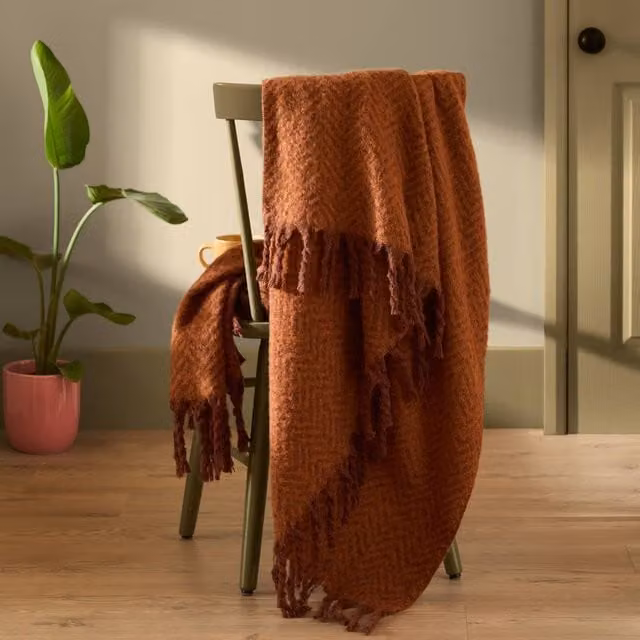 Furn Tweedie Woven Herringbone Throw with Fringes in Orange, W: 130 cm, L: 180 cm – 1