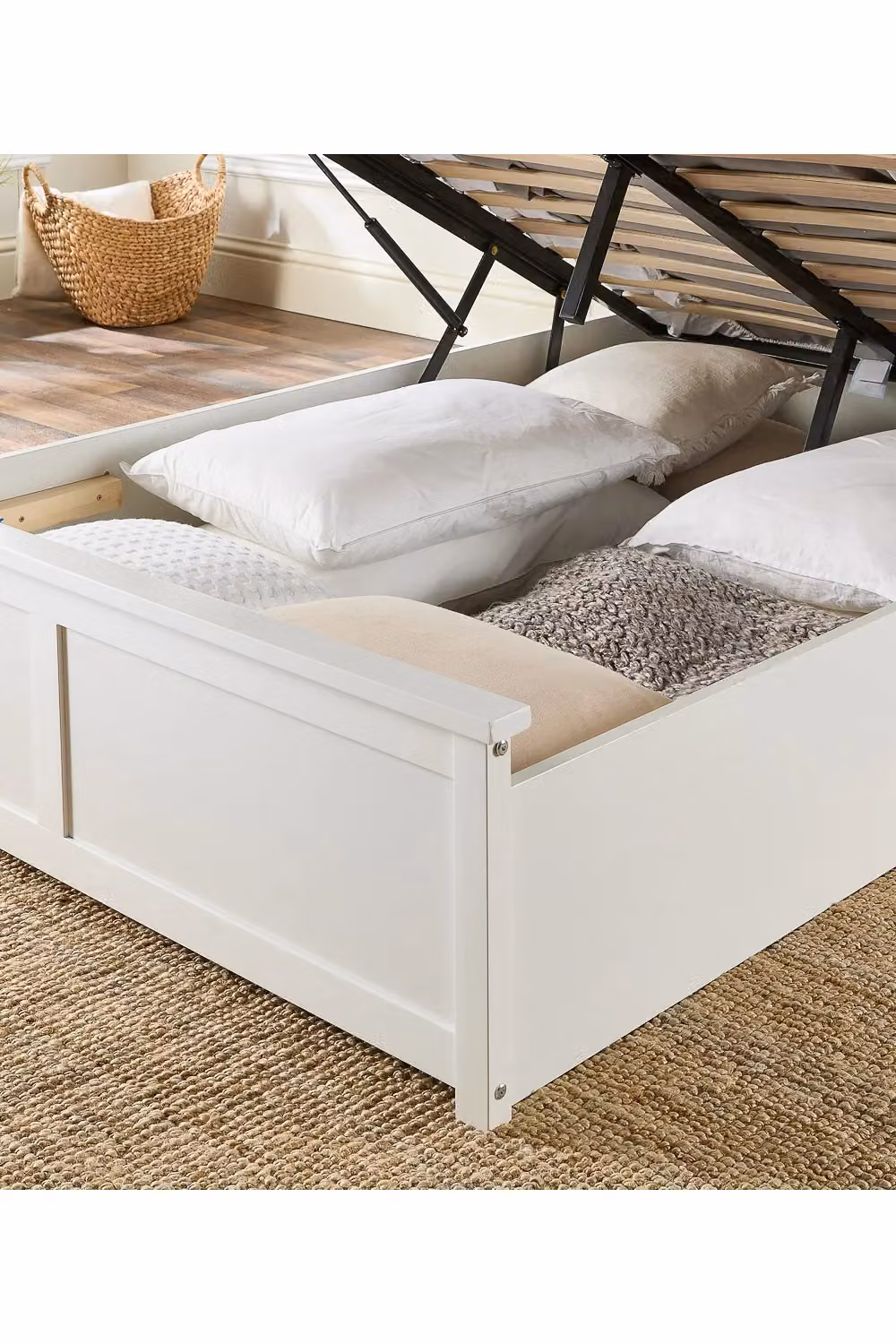 Aspire White Lacquered Solid Wood Ottoman Storage Bed with Lift Up Base, W/D/H: 120 x 200 cm – 2