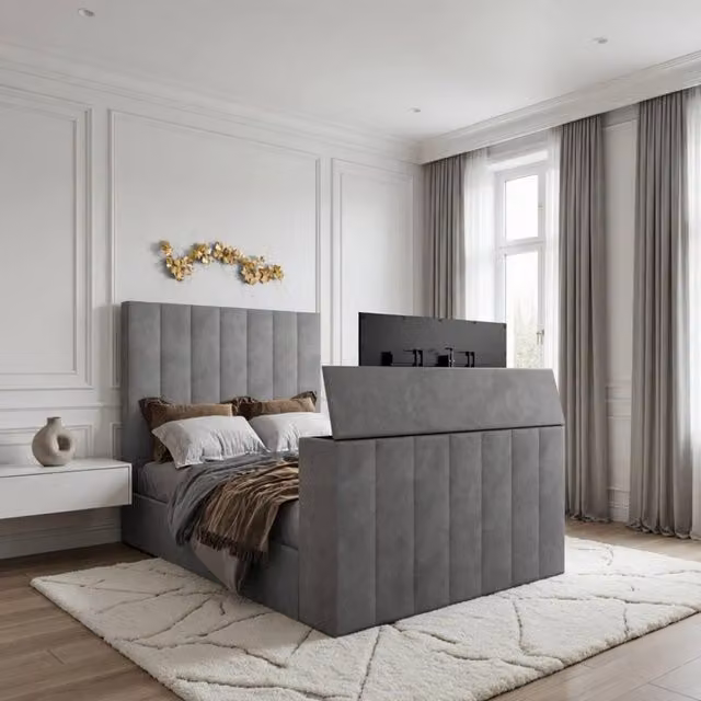 KDMD Ardley Bespoke Upholstered Velvet TV Bed Frame in Grey, Double (W: 140 cm x L: 200 cm) – 1