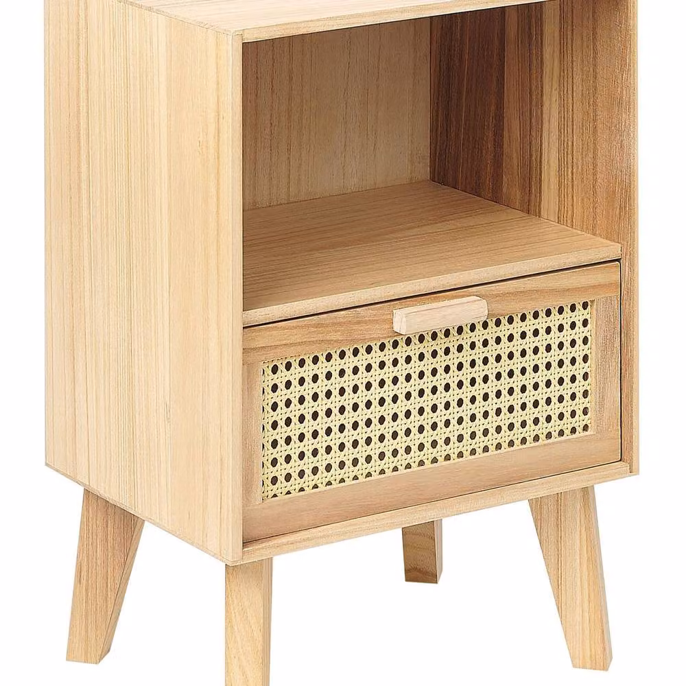 Wyld and Coco Bedsie 1 Drawer Bedside Table in Light Brown Paulownia Wood with Rattan Front, W/D/H: 30 x 40 x 55 cm – 2