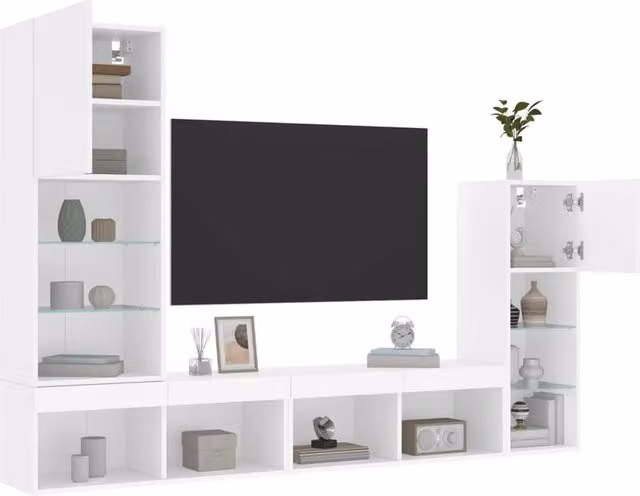 Berkfield Home 4 Piece Modern White Glossy TV Wall Unit with Integrated LED Lighting and MDF Construction