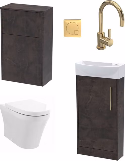 Balterley Grey Cloakroom Suite with Left Hand Vanity, WC, Toilet and Tap Set in Slate Brass, Width: 44 cm