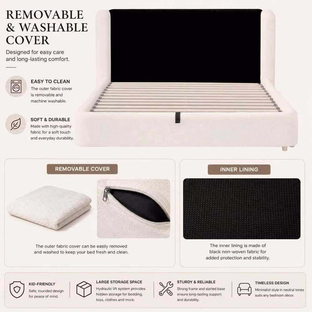 ModernLuxe White Bouclé Upholstered Ottoman Bed Frame with Wingback Headboard, W/D: 180 x 200 cm – 4