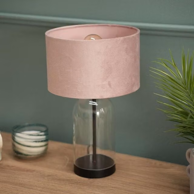 ValueLights Jessy Black Glass and Metal Table Lamp with Blush Pink Velvet Shade