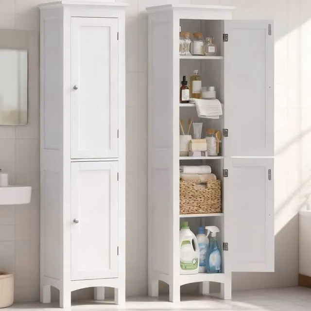 ERGOVEXA Tall White Bathroom Storage Unit with Hinged Doors and Internal Shelves, H 160 x W 38 x D 33 cm