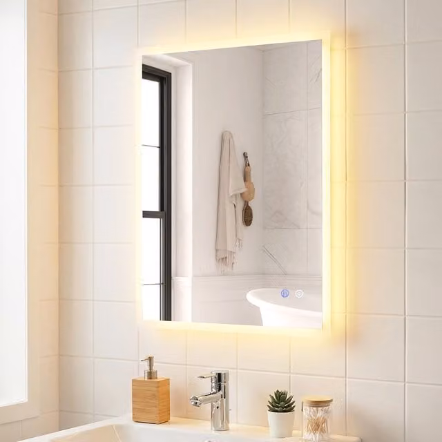 Costway Modern Rectangular LED Bathroom Wall Mirror with Touch Switch and Dimmable Light in Silver