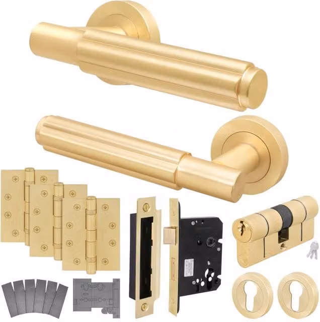AFIT Brass Fire Door Handle with Euro Lock, Double Cylinder and Hinges, Gold, 150 x 150 mm – 1