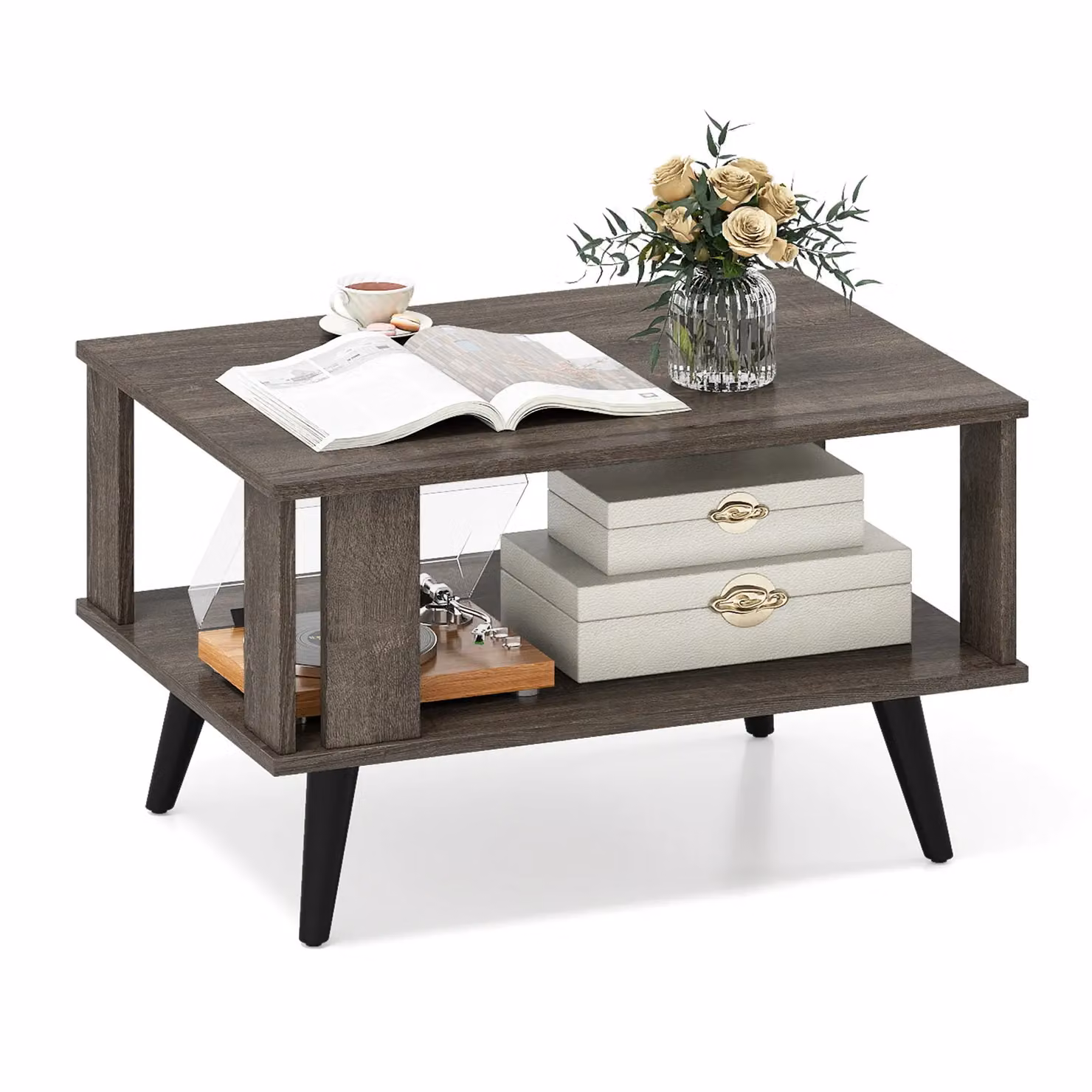 Gymax 2-Tier Wooden Small Coffee Table with Open Storage Shelf in Grey – 2