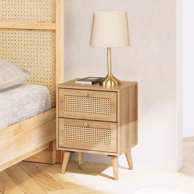 Swish Furniture Manila Rattan 2 Drawer Bedside Table in Oak Brown