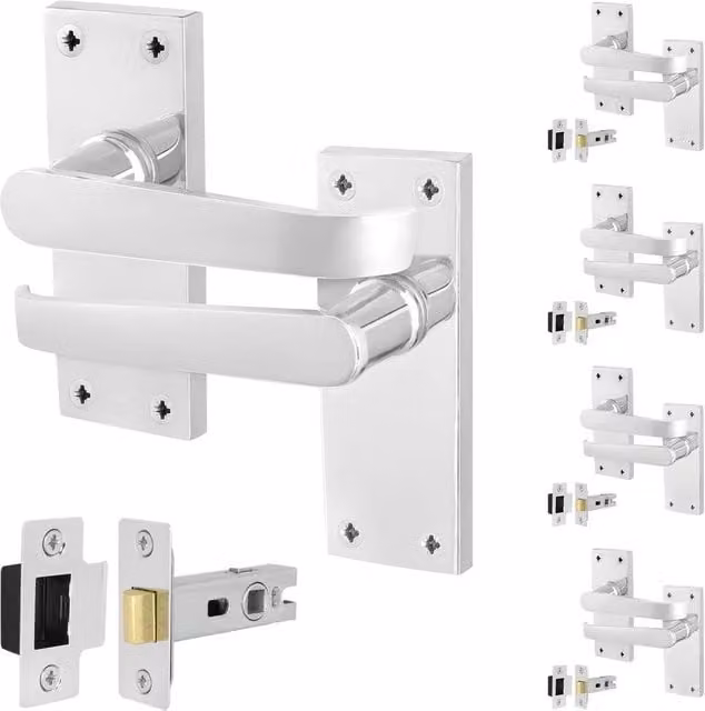 AFIT Polished Chrome Backplate Door Handle Latches, 5 Pairs, Silver, W/D/H: 15 x 15 cm – 1