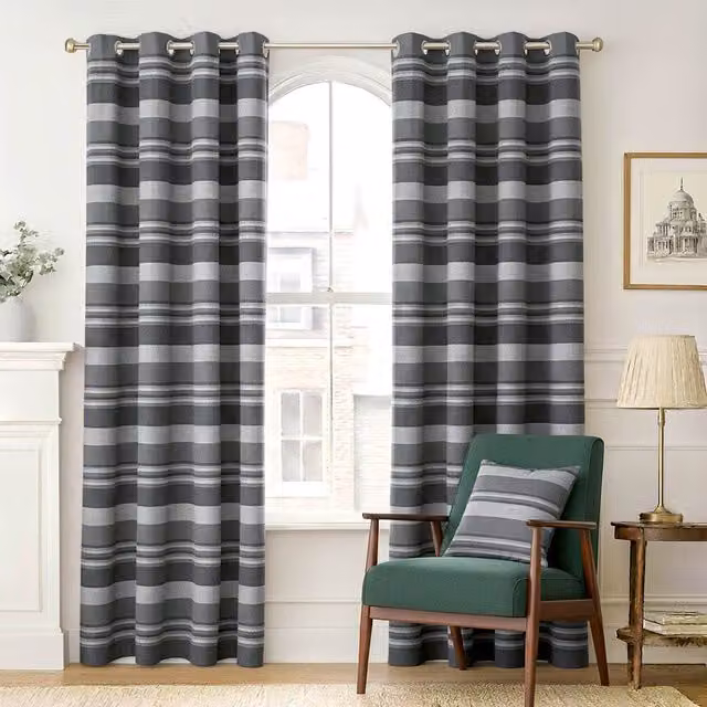 Homescapes Morocco Striped Cotton Curtain Pair, Grey, W: 167 cm, H: 182 cm