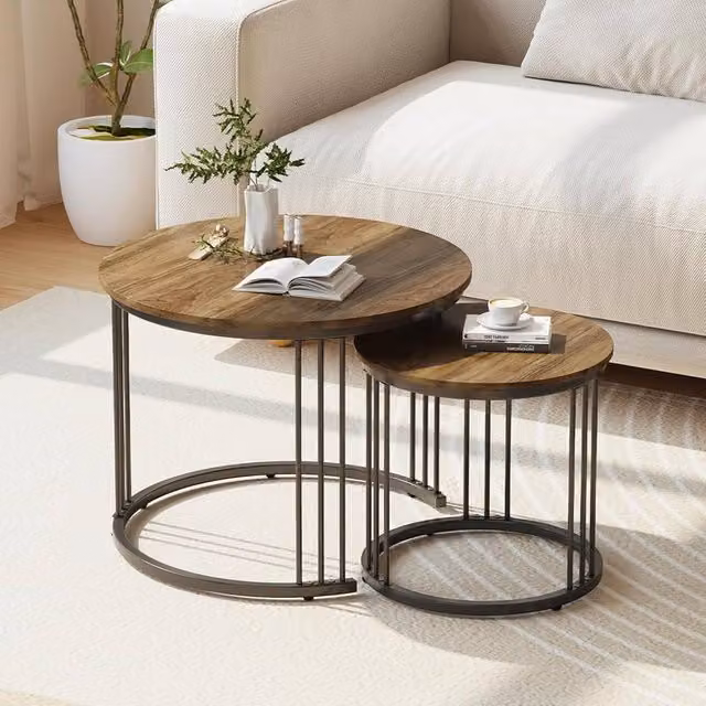 Huhote Set of 2 Round Nesting Coffee and Side Tables with Brown Wood Tops and Metal Frames