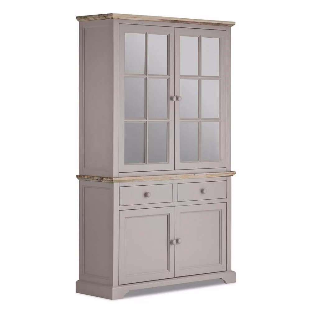 Statement Furniture Florence Display Cabinet and Dresser in Taupe with Glass Doors and Acacia Wood Top, W: 120 cm, D: 42 cm, H: 200 cm – 2